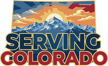 Graphic of a mountain with the words Serving Colorado